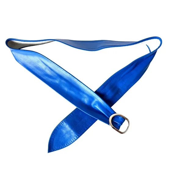 80's Leather Cinch Waist Slide Belt Silver Tone Oval Buckle USA Blue Size Medium - Picture 2 of 8